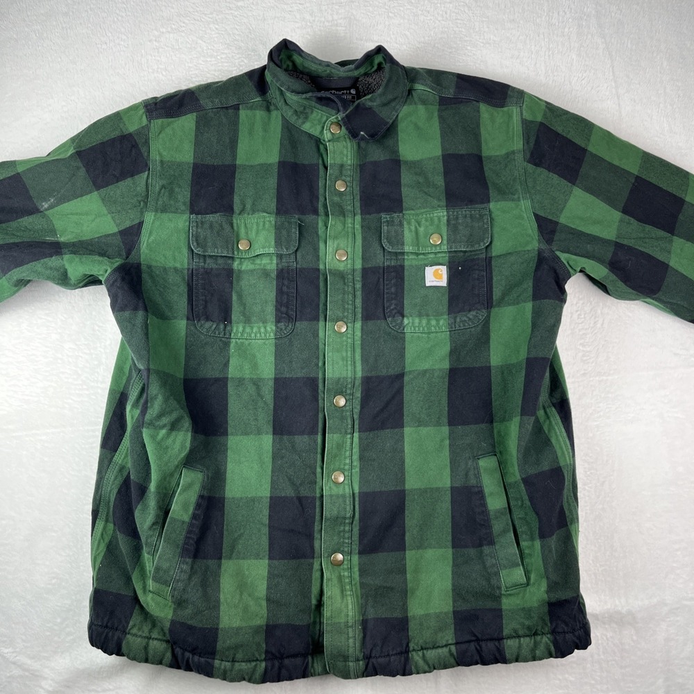 Carhartt Relaxed Fit Jacket Mens XL Green Blue Plaid Fleece Lined Snap Front
